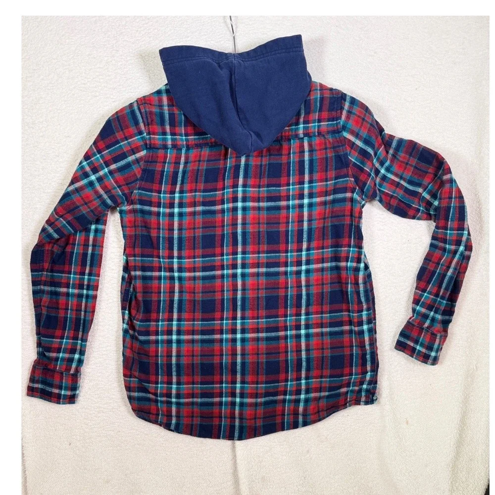 Lands End Boys XXL 18-20 Hooded Flannel Shirt Red Blue Plaid Button Up 525170